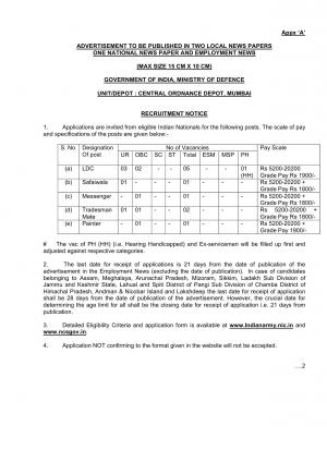 Central Ordnance Depot, Mumbai Recruitment 2017, 10 Vacancies for LDC, and Other Posts 