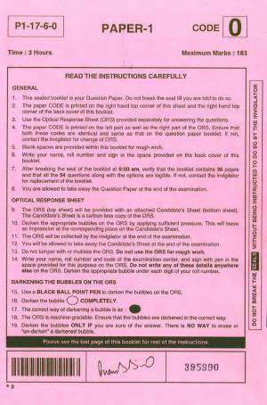 JEE Advanced 2017 Paper 1 Code 0
