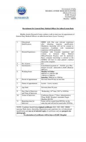 BARC Recruitment 2017 for 02 Posts of General Duty Medical Officers