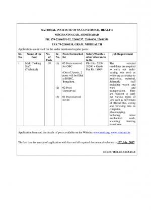 ICMR NIOH Recruitment 2017, 8 Vacancies for Multi Tasking Staff (Technical) Post 