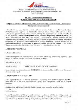 Air India Recruitment 2017 for 94 Aircraft Technician & Tradesmen Posts