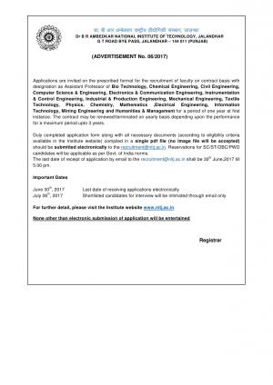 NIT, Jalandhar Recruitment 2017, 116 Vacancies for Assistant Professor Posts 