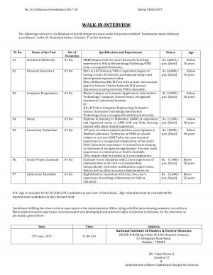 NICED Recruitment 2017, Walk in for 11 Vacancies for Nurse and Other Posts 