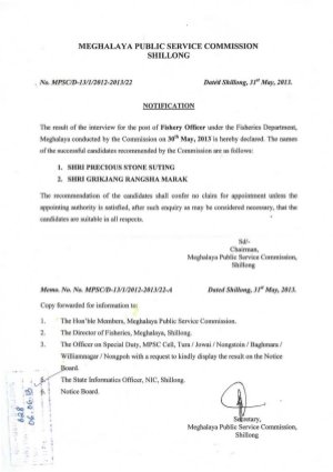 Meghalaya Public Service Commission Announced Results for Recruitment of Fishery Officers