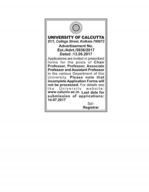University of Calcutta Recruitment 2017 for Chair Professor, Professor and Other Posts