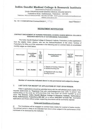 IGMCRI Recruitment 2017, 100 Vacancies for Staff Nurse Post  