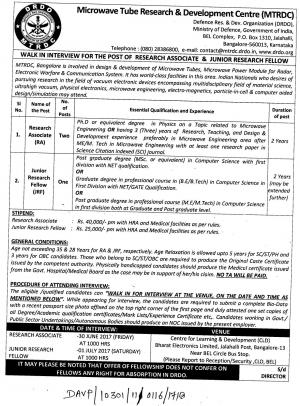 MTRDC, Ministry of Defence Recruitment 2017 for 03 RA & JRF Posts‎