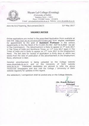 Shyam Lal College (Evening), DU Recruitment 2017 for 36 Assistant Professor Posts