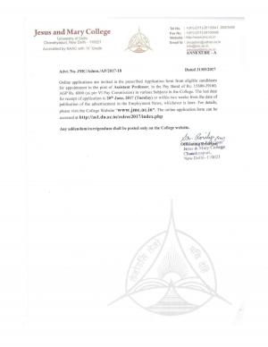 Jesus and Mary College, DU Recruitment 2017 for 20 Assistant Professor Posts