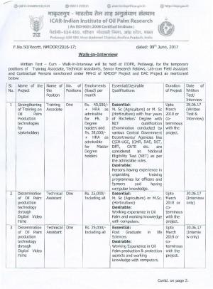ICAR IIOPR Recruitment 2017, 10 Vacancies for Technical Assistant, SRF, and Other Posts 
