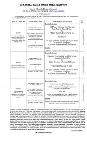 CSIR CGCRI Recruitment 2017, 3 Vacancies for JRF and Project Assistant Posts 