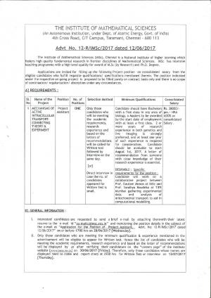 IMSC, Chennai Recruitment 2017 for 01 Project Assistant Posts