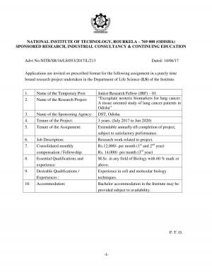 NIT, Rourkela Recruitment 2017 for 01 Junior Research Fellow Posts