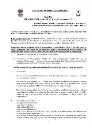 SSC Recruitment 2017 for Stenographer Grade C & D Posts