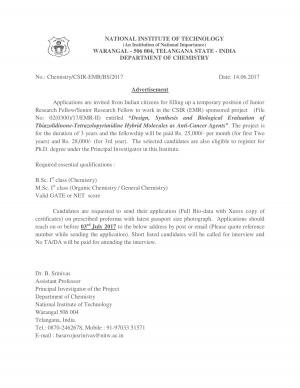 NIT, Warangal Recruitment 2017 for JRF/SRF Posts