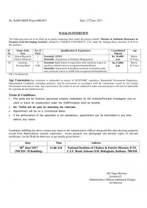 NICED Recruitment 2017 for 05 SRF & Auxiliary Nursing Maid Posts