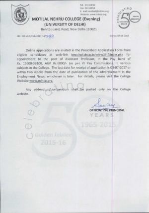 Motilal Nehru College (Evening) Recruitment 2017 for 48 Assistant Professor Posts