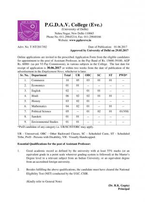 PGDAV College (Evening), DU Recruitment 2017 for 33 Assistant Professor Posts