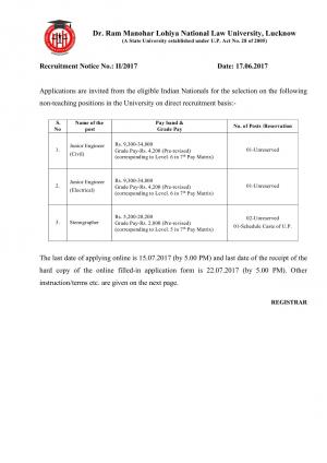 DRMLNLU, Lucknow Recruitment 2017 for  04 Junior Engineer and Stenographer Posts