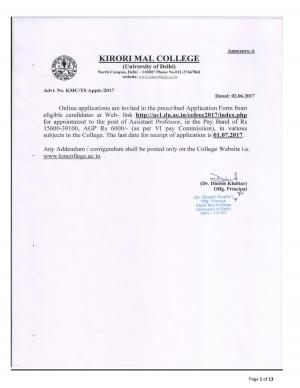 Kirorimal College Recruitment 2017 for 52 Assistant Professor Posts