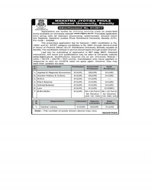 MJP Rohilkhand University Recruitment 2017 for 35 Posts of Professors, Associate Professors & Others