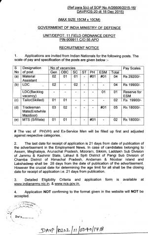 11 Field Ordnance Depot Recruitment 2017 for 18 Tradesman Mate and Other Posts