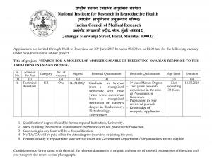 ICMR NIRRH Recruitment 2017, Apply for 1 Post of Technical Assistant