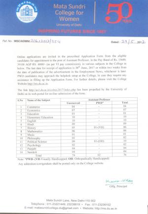 Mata Sundri College for Women, DU Recruitment 2017 for 76 Assistant Professor Posts