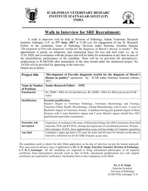 ICAR IVRI Recruitment 2017, Apply for 1 Vacant SRF Post  
