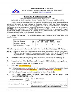 BIS Recruitment 2017, 3 Vacancies Assistant Director (Admin & Finance) Post 