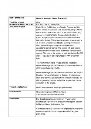 KMRL Recruitment 2017 for General Manager (Water Transport) Post