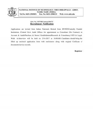 NITT Recruitment 2017, 2 Vacancies for Consultant Post