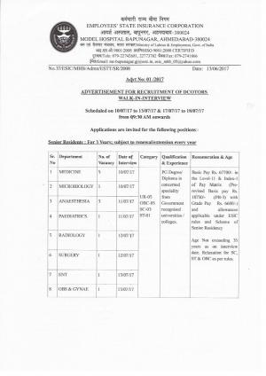 ESIC, Ahmedabad Recruitment 2017 for 27 Senior Resident & Part Time Specialist Posts