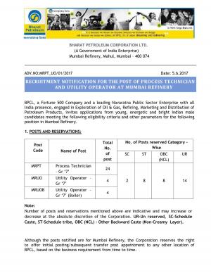 BPCL, Mumbai Recruitment 2017 for 32 Process Technician and Utility Operator Posts