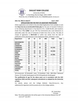 Daulat Ram College, DU Recruitment 2017 for 107 Assistant Professor Posts