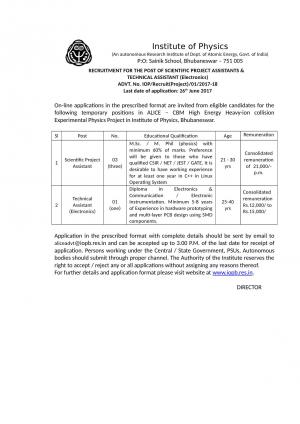 Institute of Physics, Bhubaneswar Recruitment 2017 for 04 Assistant Posts