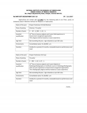 NIRT Recruitment 2017, 15 Vacancies for Project Technician, DEO, and Other Posts 