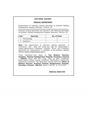 Southern Railway Recruitment 2017 for 2 Honorary Visiting Specialists Posts