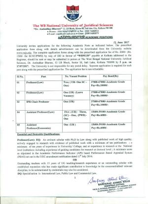 WBNUJS Recruitment 2017 for 15 Faculty Posts