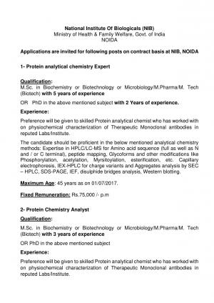 National Institute Biologicals of Recruitment 2017, Apply for Vacancies for Biochemistry Experts‎