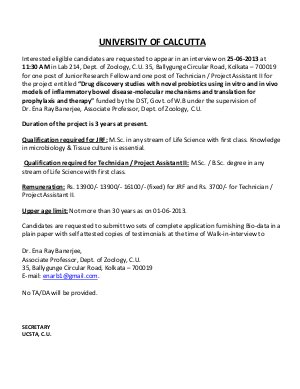 University of Calcutta notified Walk-in for JRF and Technician / Project Assistant II Posts