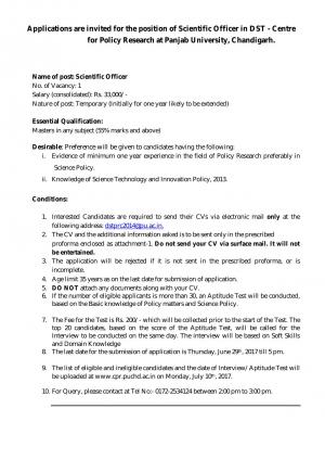 Punjab University Recruitment 2017, Apply for 1 Post of Scientific Officer  