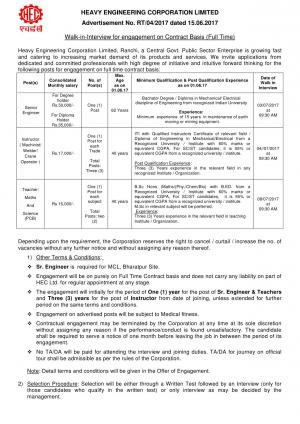 HECL Recruitment 2017 for 06 Senior Engineer, Instructor and Teacher Posts