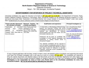 NERIST Recruitment 2017, 2 Vacancies for Project Technical Assistant Post  