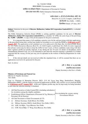  IOCL Recruitment 2017 for 01 Director (Refineries) Post