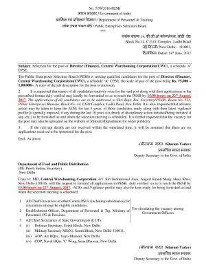 CWC Recruitment 2017 for 01 Director (Finance) Post