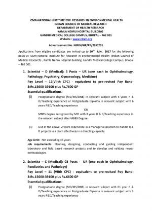 ICMR NIREH Recruitment 2017, 15 Vacancies for Scientist, Technician, and Other Posts 