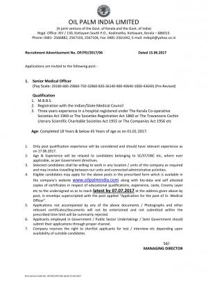 Oil Palm India Ltd. Recruitment 2017, Apply for the Senior Medical Officer Post  