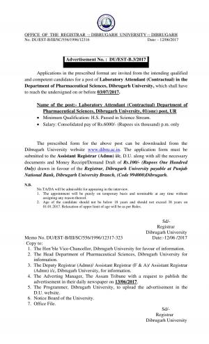 Dibrugarh University Recruitment 2017, Apply for Laboratory Attendant Post 