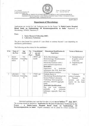 JIPGMER Recruitment 2017, 2 Vacancies for SRF and Laboratory Technician Posts